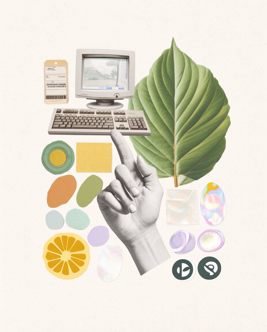 Editorial collage of an interface, botanical forms, a hand, and an archival communications device.