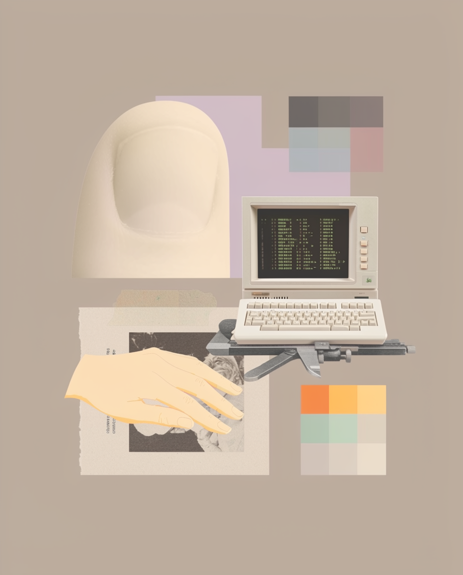 An archival finance workstation layered with records, paper controls, and a human hand.