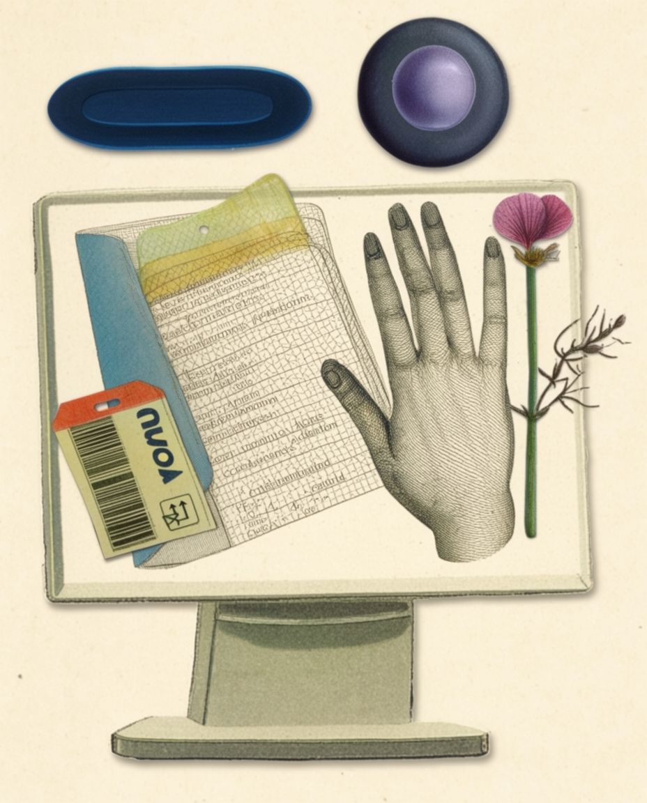 Editorial collage of a hand, a vintage computer, and organic company signals.