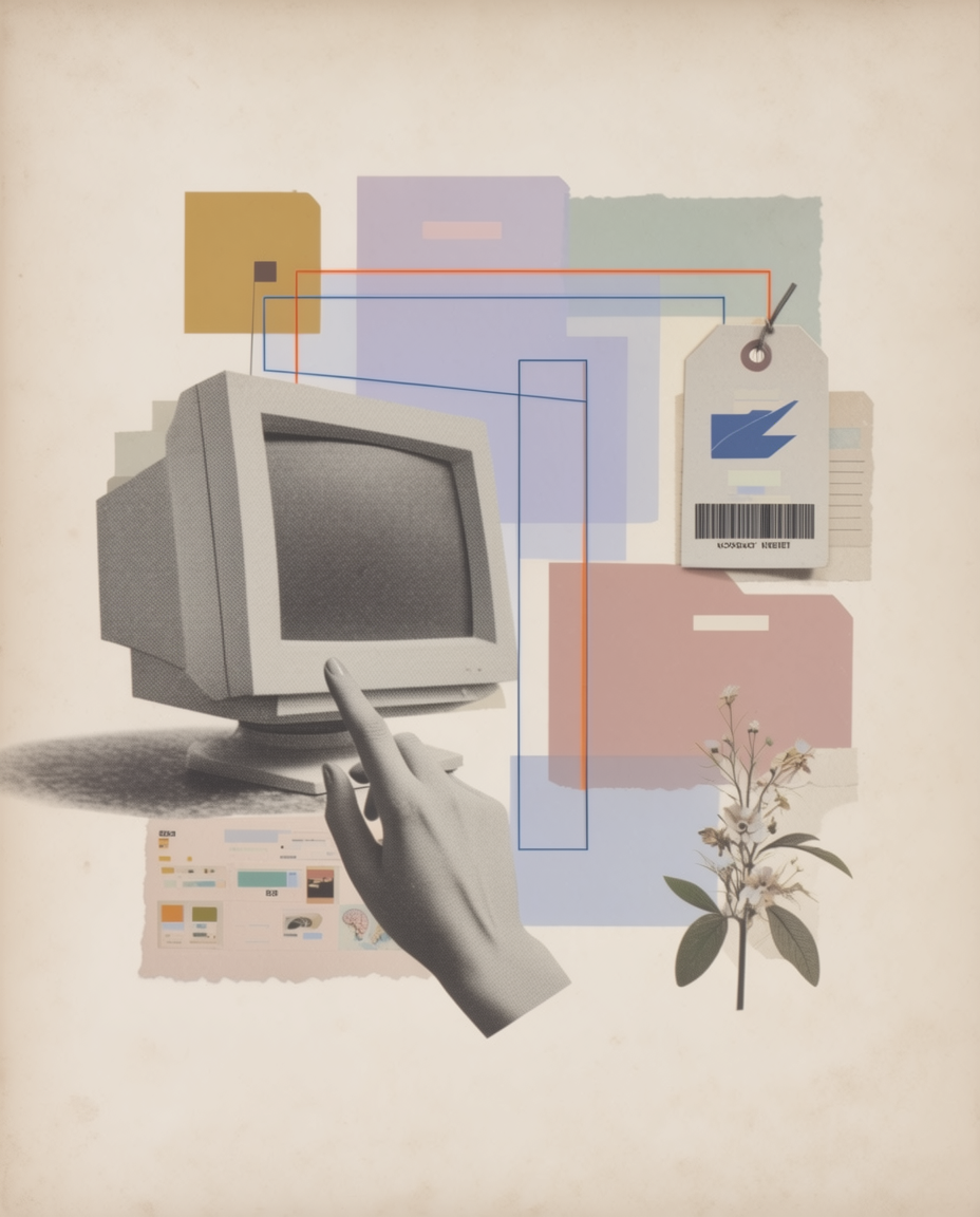 A human hand reaches toward an archival control surface surrounded by company records.