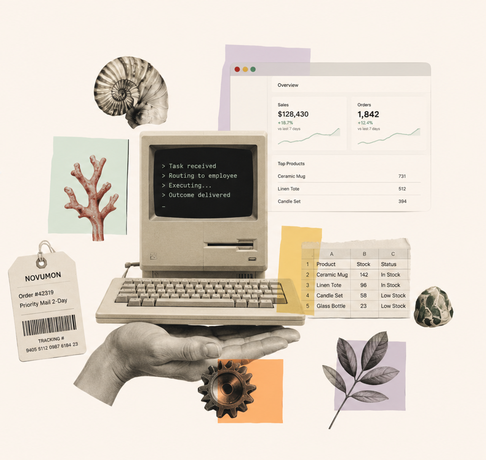 A hand supports an archival computer surrounded by company records and operating signals.