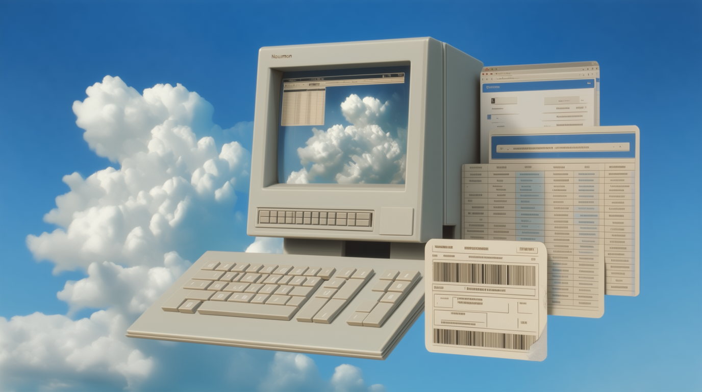 A wide archival computing scene with product windows, cloud forms, and operational records.